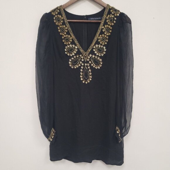 French Connection Womens Silk Beaded Mini Dress Size 4 Black Boho Coachella - Picture 1 of 12